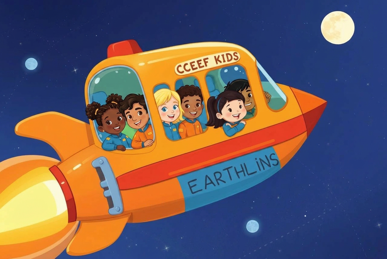 Earthlings ride the rocket bus through space